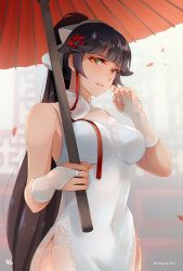 Rule 34 | 1girl, alternate costume, animal ears, azur lane, black hair, blunt bangs, blurry, blurry background, bow, breasts, brown eyes, china dress, chinese clothes, covered erect nipples, dog ears, dress, ebbilin, flower, hair bow, hair ears, hair flaps, hair flower, hair ornament, holding, holding umbrella, large breasts, long hair, oil-paper umbrella, pelvic curtain, ponytail, red ribbon, ribbon, sidelocks, solo, takao (azur lane), takao (the lessons of spring) (azur lane), umbrella, white bow, white dress