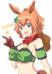 Rule 34 | 1girl, :d, animal ears, armband, bare shoulders, blue eyes, breasts, brown gloves, brown hat, cleavage, cowboy hat, crop top, finger gun, front-tie top, gloves, green armband, hair ornament, hand up, hat, horse ears, large breasts, looking at viewer, medium hair, midriff, mono lith, navel, neckerchief, open mouth, orange hair, revealing clothes, simple background, sleeveless, smile, solo, taiki shuttle (umamusume), umamusume, upper body, white background