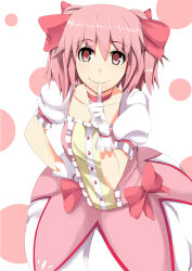 Rule 34 | 1girl, bow, cup-chan, dress, finger to mouth, gloves, hair bow, kaname madoka, looking at viewer, mahou shoujo madoka magica, pink eyes, pink hair, puffy short sleeves, puffy sleeves, short sleeves, smile, twintails