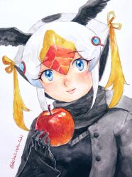 Rule 34 | 1girl, apple, bird wings, black gloves, black hair, black jacket, blonde hair, blue eyes, blush, closed mouth, dekai neko suki, food, fruit, gloves, hair between eyes, hair ornament, hand up, head wings, highres, holding, holding food, holding fruit, jacket, kemono friends, lips, long hair, long sleeves, looking at viewer, multicolored hair, red apple, red hair, scarf, simple background, smile, solo, sweater vest, traditional media, tufted puffin (kemono friends), twitter username, two side up, upper body, white background, white hair, wings