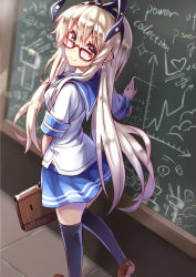 Rule 34 | 10s, 1girl, alternate costume, bad id, bad pixiv id, bag, blonde hair, blue skirt, bow, brown eyes, earrings, glasses, hair bow, jewelry, kantai collection, kzhu, long hair, looking at viewer, personification, school bag, school uniform, shimakaze (kancolle), shirt, shoes, short sleeves, skirt, smile, socks, solo, thighhighs, white shirt