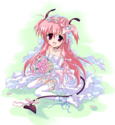 Rule 34 | 10s, 1girl, absurdres, angel beats!, ankle lace-up, bad id, bad pixiv id, bouquet, bride, cross-laced footwear, demon tail, dress, earrings, fang, flower, highres, hizuki yayoi, jewelry, long hair, necklace, petals, pink eyes, pink hair, ribbon, shoe dangle, short twintails, solo, tail, tail ornament, tail ribbon, thighhighs, twintails, two side up, wedding dress, yui (angel beats!)