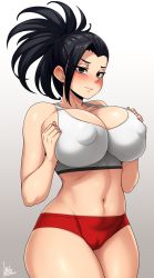 Rule 34 | 1girl, absurdres, alternate costume, artist name, bare shoulders, black eyes, black hair, blush, boku no hero academia, breast hold, breasts, breasts squeezed together, cameltoe, cleavage, cleft of venus, collarbone, covered erect nipples, curvy, embarrassed, eyelashes, female focus, high ponytail, highres, huge breasts, jmg, large breasts, long hair, looking at viewer, matching hair/eyes, midriff, navel, ponytail, revealing clothes, shiny skin, short shorts, shorts, signature, simple background, solo, sports bra, thick thighs, thighs, wide hips, yaoyorozu momo