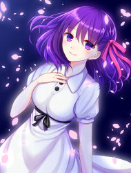 Rule 34 | 1girl, akausagi, arm at side, black ribbon, blush, breasts, closed mouth, collared dress, commentary request, dress, dutch angle, fate/stay night, fate (series), glowing, hair between eyes, hair ribbon, hand on own chest, lips, long hair, looking at viewer, matou sakura, medium breasts, no pupils, official alternate costume, petals, purple background, red ribbon, ribbon, short sleeves, simple background, smile, solo, upper body, white dress, wing collar