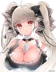 Rule 34 | 1girl, azur lane, bare shoulders, between breasts, black dress, breast suppress, breasts, bridal gauntlets, choker, dress, earrings, formidable (azur lane), grey hair, hair over shoulder, hair ribbon, head tilt, jewelry, large breasts, long hair, long sleeves, looking at viewer, manyako (mohumohu), parted lips, pendant, red eyes, ribbon, simple background, solo, twintails, two-tone ribbon, upper body, white background