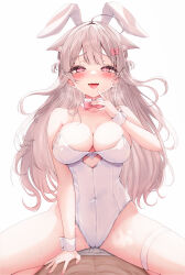 Rule 34 | 1girl, absurdres, animal ears, bare shoulders, blush, bow, bowtie, breasts, bulge, cleavage, commission, detached collar, fake animal ears, girl on top, grey hair, grinding, grinding over clothes, hair bow, highres, indie virtual youtuber, large breasts, leotard, long hair, looking at viewer, male underwear, open mouth, pink bow, pink bowtie, pink eyes, playboy bunny, rabbit ears, simple background, skeb commission, solo, teasing, thigh strap, thighs, tongue, tongue out, uise iu, underwear, virtual youtuber, white background, white leotard, white male underwear, yu lei