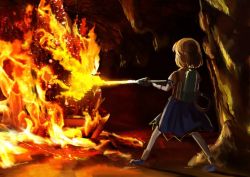 Rule 34 | 1girl, adumisan, bad id, bad twitter id, blonde hair, burning, cave, christmas tree, fire, flamethrower, mizuhashi parsee, pointy ears, scarf, short hair, solo, touhou, weapon