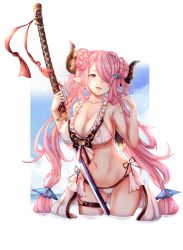 Rule 34 | 1girl, bikini, blue eyes, blush, braid, breasts, chicami, cloud, collarbone, day, double bun, draph, earrings, frilled bikini, frills, gluteal fold, granblue fantasy, groin, twirling hair, head tilt, highres, holding, holding sword, holding weapon, horns, jewelry, katana, large breasts, long hair, looking at viewer, narmaya (granblue fantasy), narmaya (summer) (granblue fantasy), navel, outdoors, parted lips, pink hair, pointy ears, sky, smile, solo, standing, star (symbol), star earrings, swimsuit, sword, thigh strap, transparent background, twintails, very long hair, water, weapon, white bikini