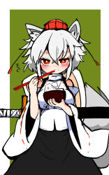 Rule 34 | 1girl, absurdres, animal ear fluff, animal ears, black skirt, blush, bowl, chopsticks, closed mouth, commentary request, cowboy shot, detached sleeves, eating, food, food on face, green background, hair between eyes, hat, highres, holding, holding bowl, holding chopsticks, inubashiri momiji, kunitori, long bangs, looking at viewer, red eyes, red hat, ribbon-trimmed sleeves, ribbon trim, rice, rice bowl, rice on face, shield, shield on back, shirt, short hair, skirt, sleeveless, sleeveless shirt, solo, sword, tail, tokin hat, touhou, turtleneck, turtleneck shirt, two-tone background, weapon, weapon on back, white background, white hair, white shirt, white sleeves, wolf ears, wolf girl, wolf tail