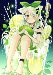 Rule 34 | 1girl, animal ear fluff, animal ears, bare shoulders, barefoot, black bow, blush, bow, closed mouth, clothes between thighs, collarbone, commentary request, convenient leg, crescent, cup, dress, drinking glass, fingernails, food, frilled dress, frills, fruit, glowing, gradient hair, green bow, green eyes, green hair, green nails, grey hair, hair bow, hair ornament, hair over one eye, hairclip, highres, in container, leaf hair ornament, lime (fruit), lime slice, mini person, minigirl, multicolored hair, nail polish, original, own hands together, sakura oriko, sleeveless, sleeveless dress, solo, star (symbol), toenail polish, toenails, white bow, white dress, x hair ornament