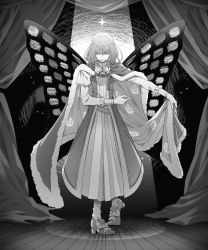 Rule 34 | 1boy, ;), arthropod boy, blue eyes, butterfly wings, cloak, collar, commentary request, crown, diamond hairband, fate/grand order, fate (series), frilled collar, frilled sleeves, frills, full body, fur-trimmed cloak, fur trim, greyscale, highres, holding, insect wings, juliet sleeves, long sleeves, male focus, medium hair, monochrome, morita yuu, oberon (fate), one eye closed, puffy sleeves, smile, solo, spot color, star (sky), teeth, wings
