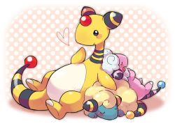 Rule 34 | ampharos, artist name, blush, blush stickers, closed mouth, commentary request, creatures (company), evolutionary line, closed eyes, flaaffy, game freak, gen 2 pokemon, heart, lying, mareep, nintendo, no humans, on back, on stomach, pokemon, pokemon (creature), polka dot, polka dot background, sheep, sleeping, smile, tansho