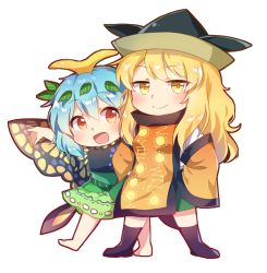 Rule 34 | 2girls, :d, antennae, arm up, barefoot, blonde hair, blue hair, boots, butterfly wings, chibi, detached sleeves, eternity larva, full body, green skirt, hair between eyes, hands on own hips, hat, insect wings, kaoling, knee boots, long hair, looking at viewer, matara okina, multiple girls, open hand, open mouth, red eyes, short hair, simple background, skirt, smile, standing, tabard, touhou, white background, wings, yellow eyes