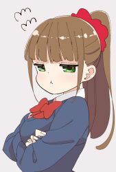 Rule 34 | 1girl, :t, blazer, blue jacket, blunt bangs, bow, bowtie, brown hair, collared shirt, commentary request, crossed arms, from side, green eyes, highres, hitoribocchi no marumaru seikatsu, honshou aru, jacket, katsuwo (cr66g), light blush, long hair, long sleeves, looking at viewer, ponytail, pout, red bow, red scrunchie, scrunchie, shirt, simple background, solo, upper body, white background, white shirt