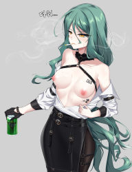 Rule 34 | 1girl, absurdres, arm belt, bare shoulders, beer can, black gloves, black pantyhose, black skirt, blush, breast tattoo, breasts, can, chest strap, clothes pull, collarbone, collared shirt, counter:side, dress shirt, drink can, elze (s01047480836), eyeshadow, gloves, grey background, grey eyeshadow, hair between eyes, halterneck, highres, holding, holding can, long hair, long sleeves, looking away, makeup, medium breasts, nipples, no bra, number tattoo, open clothes, open shirt, pantyhose, puffy nipples, rita arsenico, shirt, shirt pull, side slit, skirt, smoke, smoking, solo, sweat, tattoo, very long hair, white shirt, yellow eyes