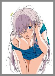 Rule 34 | 1girl, absurdres, anastasia (fate), blue eyes, blue shirt, blush, border, breasts, cleavage, cowboy shot, downblouse, fate/grand order, fate (series), grey border, grey hair, hair over one eye, hand in own hair, hand up, highres, kakitama, leaning forward, long hair, looking at viewer, medium breasts, no bra, off-shoulder shirt, off shoulder, open mouth, outside border, shirt, short sleeves, solo, thighs