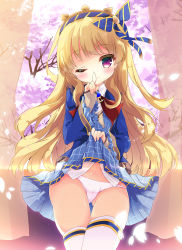 Rule 34 | 10s, 1girl, ;), blonde hair, blue skirt, cagliostro (granblue fantasy), cagliostro (youthful uniform) (granblue fantasy), cherry blossoms, clothes lift, eyebrows, finger to mouth, granblue fantasy, hair ribbon, hairband, index finger raised, long hair, looking at viewer, natsuki yuu (amemizu), one eye closed, panties, petals, pink panties, plaid, plaid skirt, purple eyes, ribbon, skirt, skirt lift, smile, solo, thighhighs, underwear, white thighhighs