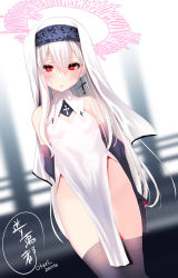 Rule 34 | 1girl, bare shoulders, black gloves, black thighhighs, blush, breasts, dress, earrings, elbow gloves, gloves, halo, highres, jewelry, long hair, looking at viewer, nun, okuri banto, original, red eyes, small breasts, solo, thighhighs, veil, white hair