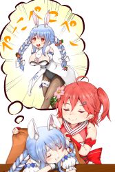 Rule 34 | 2girls, a u m78, ahoge, alternate breast size, animal ear fluff, animal ears, armband, bare shoulders, blanket, blue hair, braid, breast conscious, breasts, bridal garter, carrot, carrot hair ornament, cherry blossoms, cleavage, closed eyes, collarbone, covering with blanket, eyebrows, flower, food-themed hair ornament, hair between eyes, hair flower, hair ornament, hairclip, highres, hololive, large breasts, long braid, long hair, multiple girls, open mouth, pantyhose, pink hair, rabbit ears, rabbit girl, sakura miko, sakura miko (old design), scarf, sleeping, thought bubble, twin braids, usada pekora, usada pekora (1st costume), virtual youtuber