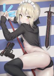 Rule 34 | 1girl, artoria pendragon (all), artoria pendragon (alter swimsuit rider) (fate), artoria pendragon (alter swimsuit rider) (second ascension) (fate), artoria pendragon (fate), ass, bikini, black bikini, black thighhighs, blush, braid, breasts, closed mouth, excalibur (fate/stay night), fate/grand order, fate (series), food, gun, hair bun, handgun, highres, hood, hooded jacket, hoodie, jacket, leg up, light brown hair, looking at viewer, loose bikini, lying, maid headdress, on side, pale skin, polearm, popsicle, reinama, saber alter, scope, shiny skin, short hair, single hair bun, sleeves past wrists, small breasts, solo, swimsuit, thighhighs, weapon, yellow eyes