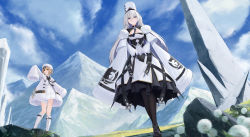 Rule 34 | 2girls, ankle boots, azur lane, bare legs, black gloves, black legwear, blonde hair, blue sky, boots, breasts, cloud, cloudy sky, coat, cross-laced footwear, day, dress, gloves, grass, gremyashchy (azur lane), highres, knee boots, lace-up boots, large breasts, legs, long hair, long sleeves, mountain, multiple girls, open clothes, open coat, outdoors, resolution mismatch, scenery, sky, sleeves past wrists, source smaller, sovetsky soyuz (azur lane), strap, white coat, white dress, white footwear, white hair, white headwear, yu (want rou nai zi)