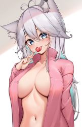 Rule 34 | 1girl, :p, animal ear fluff, animal ears, antenna hair, arm behind back, blue eyes, blue hair, blush, breasts, candy, cat ears, colored inner hair, eyes visible through hair, food, hair between eyes, highres, holding, holding candy, holding food, holding lollipop, kaptivate, kemonomimi mode, large breasts, lollipop, long hair, long sleeves, looking at viewer, multicolored hair, naked shirt, navel, pink shirt, shirt, silver hair, solo, tongue, tongue out, upper body, vei (vtuber), vei (vtuber) (1st costume), virtual youtuber, vshojo, white background