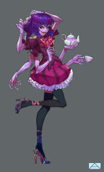 Rule 34 | 1girl, bow, breasts, colored skin, extra arms, extra eyes, fang, high heels, highres, arthropod girl, monster girl, muffet, purple skin, ribbon, spider girl, tea, teapot, thighhighs, undertale