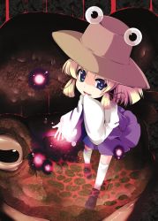 Rule 34 | 1girl, animal, blonde hair, blue eyes, child, covering own mouth, female focus, frog, from above, fujy, hair ribbon, hand over own mouth, hat, looking at viewer, looking up, moriya suwako, over-kneehighs, oversized animal, ribbon, sleeves past wrists, solo, thighhighs, touhou, white thighhighs