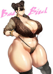Rule 34 | 1girl, areola slip, ass, black hair, breasts, brown eyes, capcom, chun-li, cleavage, curvy, double bun, highres, huge ass, huge breasts, jujunaught, large breasts, nail polish, profanity, solo, street fighter, thick thighs, thighs, wide hips