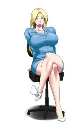 Rule 34 | 1girl, bare legs, blonde hair, blue eyes, breasts, condom, condom in mouth, copyright request, crossed legs, formal, high heels, highres, large breasts, legs, long legs, miniskirt, ml, mouth hold, one eye closed, pencil skirt, simple background, sitting, skirt, skirt suit, solo, suit, teacher, thighs, white background