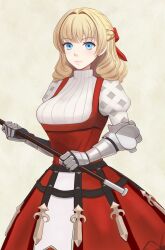 Rule 34 | 1girl, absurdres, blonde hair, blue eyes, breasts, dress, drill hair, gauntlets, hair intakes, hair ribbon, highres, long hair, long sleeves, looking at viewer, red dress, ribbon, sakaguchi yamaya, scarlett (unicorn overlord), solo, standing, sweater, sweater under dress, turtleneck, turtleneck sweater, unicorn overlord, yellow background