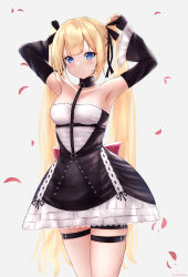 Rule 34 | 1girl, amano kusatsu, armpits, azur lane, black ribbon, blonde hair, blue eyes, blush, bow, breasts, closed mouth, dead or alive, dress, dress bow, feet out of frame, floral background, hair ornament, hair ribbon, hand in own hair, highres, long hair, looking at viewer, marie rose, medium breasts, petals, ribbon, rose petals, smile, solo, standing, twintails, white background