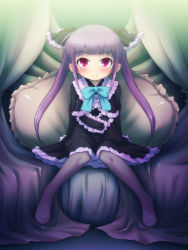 Rule 34 | 1girl, blush, bones (company), character request, child, darker than black, feet, gothic lolita, her step 1.0, highres, lolita fashion, long hair, no shoes, pink eyes, purple hair, ribbon, sitting, smile, solo, thighhighs, twintails, yoshi (crossmind)