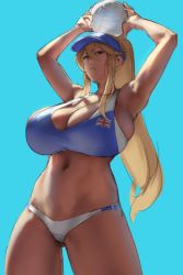 Rule 34 | 1girl, ahoge, armpits, artoria pendragon (fate), ball, bikini, blonde hair, blue background, blue eyes, blush, breasts, eu03, fate/grand order, fate (series), hair between eyes, large breasts, long hair, looking at viewer, mysterious heroine x (fate), mysterious heroine xx (fate), ponytail, sidelocks, solo, swimsuit, tankini, thighs, union jack, volleyball (object)