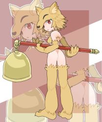 Rule 34 | 1girl, absurdres, animal ear fluff, animal feet, animal hands, animal legs, arms behind back, ass, back, barefoot, bell, bottomless, bra, breasts, commentary request, commission, fox girl, fox hat, from behind, full body, highres, holding, holding staff, looking at viewer, looking back, medium breasts, moonlight flower, open mouth, ragnarok online, red eyes, second-party source, short hair, sicky (pit-bull), skeb commission, solo, staff, standing, underwear, yellow bra, zoom layer