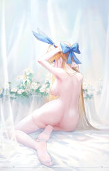 Rule 34 | 1girl, animal ears, ass, bare back, bare shoulders, blonde hair, blue archive, blue eyes, bow, bowtie, breasts, censored, fake animal ears, feet, flower, from behind, hair bow, highres, large breasts, legs, long hair, looking at viewer, looking back, mosaic censoring, nipples, no shoes, nude, official alternate costume, pussy, rabbit ears, revision, ruochongsang, soles, solo, thighhighs, thighs, toes, toki (blue archive), toki (bunny) (blue archive), very long hair