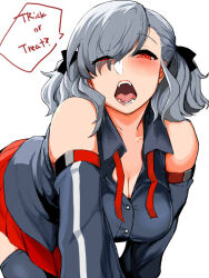 Rule 34 | 1girl, breasts, cleavage, english text, female focus, girls&#039; frontline, grey hair, keshin, large breasts, medium breasts, open mouth, red eyes, solo, spas-12 (girls&#039; frontline), tagme, white background