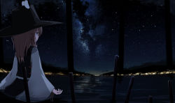 Rule 34 | 1girl, black hat, blonde hair, blue eyes, bracelet, city lights, cloud, expressionless, from behind, hair ribbon, hat, highres, horizon, jewelry, lake, long hair, long sleeves, looking afar, mankun, moriya suwako, night, night sky, onbashira, open hand, partially submerged, purple skirt, reflection, ribbon, scenery, shirt, silhouette, skirt, sky, solo, standing, star (sky), starry sky, touhou, vest, wading, water, white shirt, wide sleeves