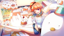 Rule 34 | 1girl, ;d, absurdres, bag, beret, bird, blue hair, braid, breasts, checkered floor, chicken, commentary, cup, disposable cup, drinking straw, english commentary, foreshortening, green hair, hat, highres, hololive, hololive english, index finger raised, indoors, kfp, long hair, looking at viewer, making-of available, medium breasts, midriff, multicolored hair, navel, one eye closed, open mouth, orange hair, orange headwear, purple eyes, sandals, shirt, short shorts, short sleeves, shorts, shoulder bag, sitting, smile, takanashi kiara, takanashi kiara (casual), takuyarawr, tilted headwear, twin braids, uniform, virtual youtuber, white shirt, wrist cuffs