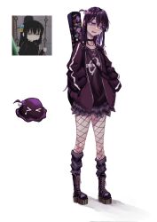 Rule 34 | 1girl, alternate costume, band shirt, black choker, black footwear, black hair, black jacket, black shirt, black skirt, blush, bocchi the rock!, boots, choker, crying, female focus, fishnet thighhighs, fishnets, full body, goth fashion, gotoh hitori, gotoh hitori (octopus), guitar, hands in pockets, highres, instrument, jacket, long hair, looking afar, looking to the side, merchandise, nervous, open clothes, open jacket, punk, sad, saydens, shaded face, shirt, simple background, skirt, standing, sticker, tearing up, tears, thighhighs, white background, worried