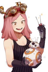 Rule 34 | 1girl, amedan, bb-8, boku no hero academia, crossover, goggles, goggles on head, hatsume mei, highres, open mouth, pink hair, robot, smile, star wars, tank top, tools, white background