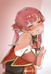 Rule 34 | 1girl, against wall, bare shoulders, black choker, black coat, blurry edges, blush, breasts, brooch, choker, coat, commentary request, cropped jacket, frilled choker, frills, hair ribbon, head tilt, heterochromia, highres, hololive, houshou marine, houshou marine (1st costume), jacket, jewelry, large breasts, leedaru1, leotard, leotard under clothes, light smile, lips, long hair, long sleeves, looking at viewer, off shoulder, pirate, red eyes, red hair, red ribbon, ribbon, sleeveless, sleeveless jacket, smile, solo, sweat, twintails, upper body, virtual youtuber