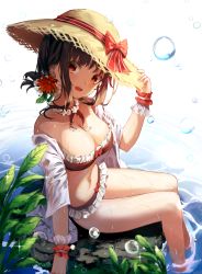 Rule 34 | 1girl, bare shoulders, bikini, black hair, breasts, brown hat, cleavage, flower, frilled bikini, frills, hair flower, hair ornament, hand on headwear, hand up, hat, hat ribbon, highres, jewelry, large breasts, looking at viewer, necklace, off shoulder, open clothes, open mouth, open shirt, original, red bikini, red eyes, ribbon, seero, shirt, short hair, solo, stomach, straw hat, swimsuit, thighs, water, wet, wet clothes, wet shirt, white shirt, wrist cuffs