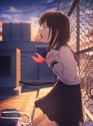 Rule 34 | 1girl, absurdres, bag, black hair, black sailor collar, black skirt, blouse, blue sky, blurry, blurry background, chain-link fence, closed eyes, cloud, cloudy sky, commentary request, crying, depth of field, door, fence, from side, highres, holding, keis (locrian1357), long sleeves, lower teeth only, neckerchief, open mouth, original, outdoors, own hands together, pleated skirt, profile, red neckerchief, rooftop, sailor collar, school bag, school uniform, serafuku, shirt, skirt, sky, solo, standing, sunset, tears, teeth, upper teeth only, white shirt