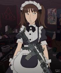 Rule 34 | 1girl, absurdres, acog, alternate costume, artist name, assault rifle, black eyes, brown hair, commentary, english commentary, enmaided, eyebrows hidden by hair, flashlight, freckles, gun, gun sling, highres, hitsuji (hitsujigoods), kara eklund, looking to the side, m4 carbine, maid, maid headdress, neet girl date night, poster (object), puffy short sleeves, puffy sleeves, rifle, scope, short sleeves, signature, solo, suppressor, table, twintails, weapon, wrist cuffs