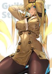 Rule 34 | 1girl, arm scarf, arms up, ashiomi masato, black gloves, blonde hair, blue eyes, breasts, brown coat, brown hat, buttons, coat, copyright name, fur hat, gloves, guilty gear, guilty gear strive, hair between eyes, hat, highres, kneeling, large breasts, leggings, long hair, looking at viewer, millia rage, simple background, solo, thighhighs, ushanka, very long hair, white background, wide hips