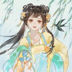 Rule 34 | 1girl, bad source, bamboo, bird, black hair, brown eyes, brown hair, chinese clothes, dress, flower, green shawl, guoshizhou, hair flower, hair ornament, hair rings, hanfu, highres, jewelry, long hair, long sleeves, looking at viewer, open mouth, original, qixiong ruqun, ruqun, shawl, shuangyaji, smile, solo, swallow (bird), teeth, twintails, upper body, willow