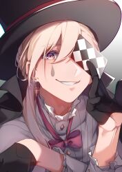 Rule 34 | 1boy, black gloves, black hat, blonde hair, bow, bowtie, card, earrings, genshin impact, gloves, grin, half gloves, hat, highres, holding, holding card, jewelry, long sleeves, looking at viewer, low ponytail, lyney (genshin impact), male focus, pink bow, pink eyes, playing card, shirt, single earring, smile, solo, teardrop facial mark, teardrop tattoo, tia mizuki, top hat, white shirt