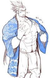 Rule 34 | 1boy, abs, asymmetrical hair, bara, bare pectorals, blue theme, bulge, chest tattoo, facial hair, feet out of frame, goatee, gomtang, grabbing, grabbing own breast, happi, japanese clothes, large pectorals, loincloth, long hair, male focus, mature male, monochrome, muscular, muscular male, navel, navel hair, no pants, original, pectoral grab, pectorals, ponytail, shark (gomtang), sideburns, sidecut, solo, stomach, tattoo, thick eyebrows, thighs, undercut
