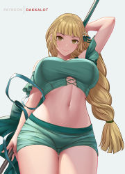 Rule 34 | 1girl, alternate breast size, bare legs, bikini, blonde hair, blunt bangs, braid, braided ponytail, breasts, cross-laced clothes, cross-laced top, dakkalot, fire emblem, fire emblem: three houses, fire emblem heroes, green bikini, huge breasts, ingrid brandl galatea, lance, long hair, looking at viewer, looking down, midriff, navel, nintendo, polearm, short shorts, shorts, simple background, smile, solo, swimsuit, thighs, weapon